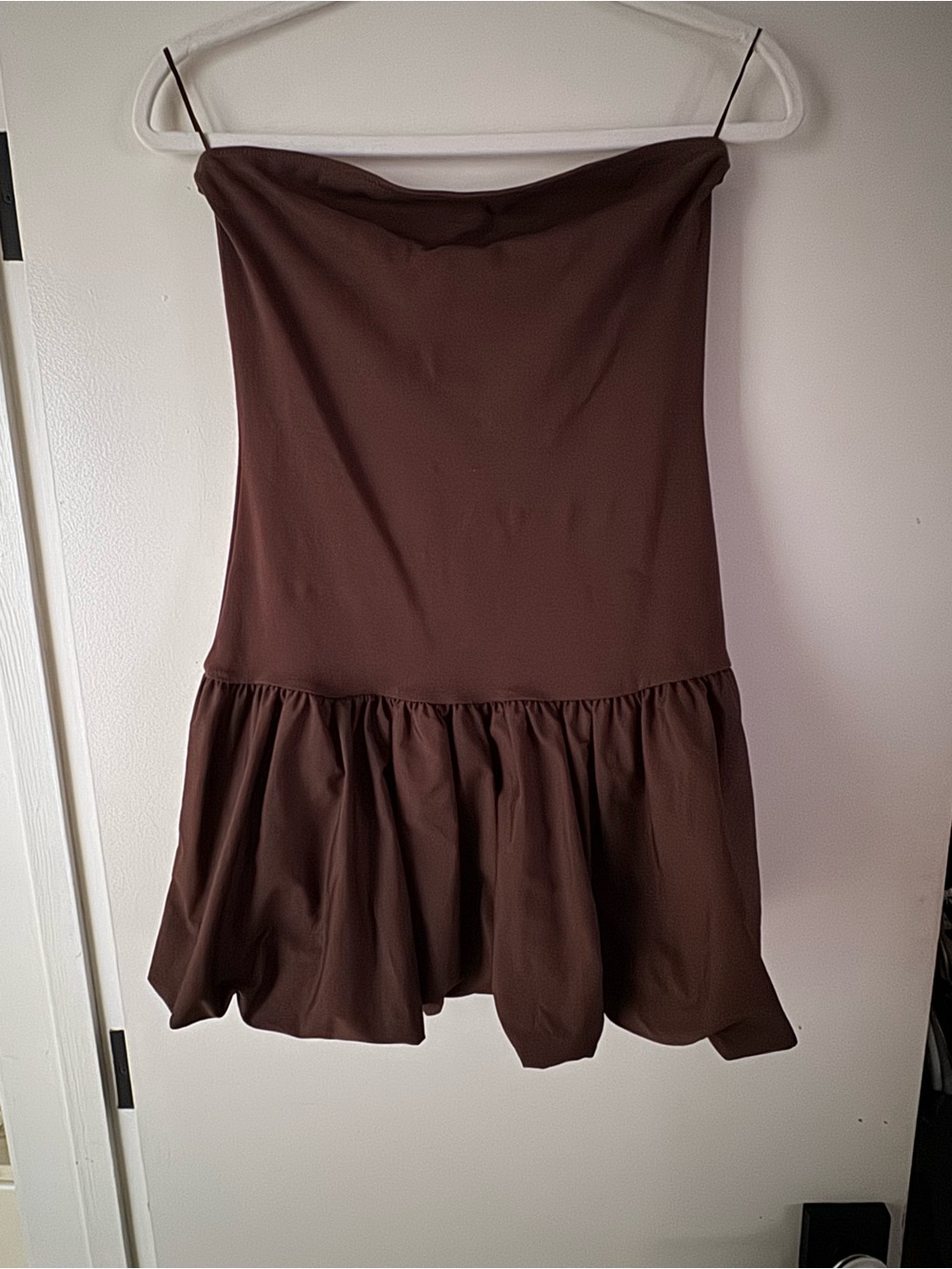 Brown Strapless Ruffle Hem Women's Dress, GLG, M
